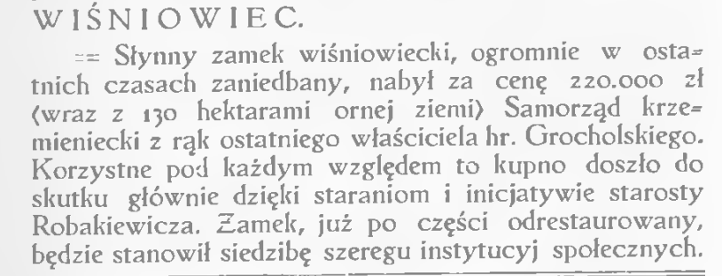 Sale of the palace of the Wiśniowiecki and Mniszechs in Wiśniowiec in 1925
