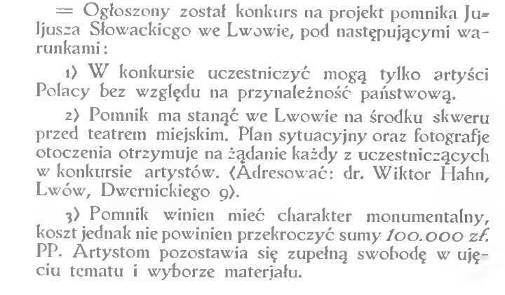 Fotografia przedstawiająca Rules of Competition for the Design of the Monument to Juliusz Słowacki in Lviv