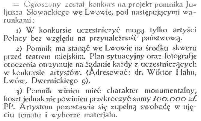 Photo montrant Rules of Competition for the Design of the Monument to Juliusz Słowacki in Lviv
