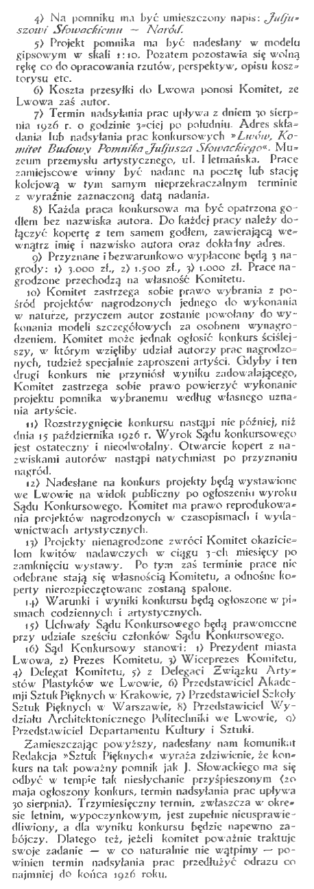 Photo montrant Rules of Competition for the Design of the Monument to Juliusz Słowacki in Lviv