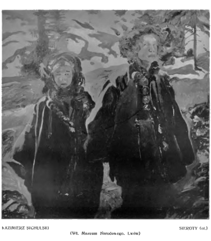 Obraz Kazimierza Sichulskiego pt. 'Sieroty' z Lwowskiej Galerii Sztuki. Dwoje dzieci w ciemnych ubraniach stoi w zaśnieżonym krajobrazie z drzewami w tle.