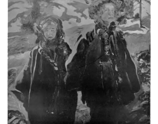 Obraz Kazimierza Sichulskiego pt. 'Sieroty' z Lwowskiej Galerii Sztuki. Dwoje dzieci w ciemnych ubraniach stoi w zaśnieżonym krajobrazie z drzewami w tle.