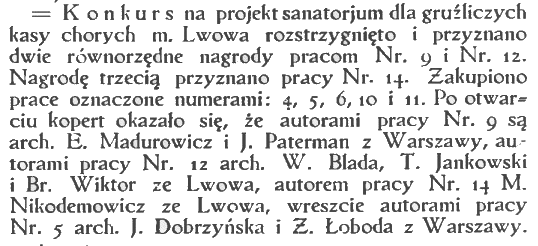 Competition for the design of a sanatorium for tuberculosis patients in Lviv, 1927