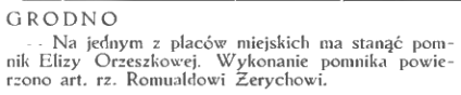 Pomnik Elizy Orzeszkowej w Grodnie z 1929 roku