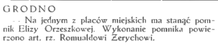 Pomnik Elizy Orzeszkowej w Grodnie z 1929 roku