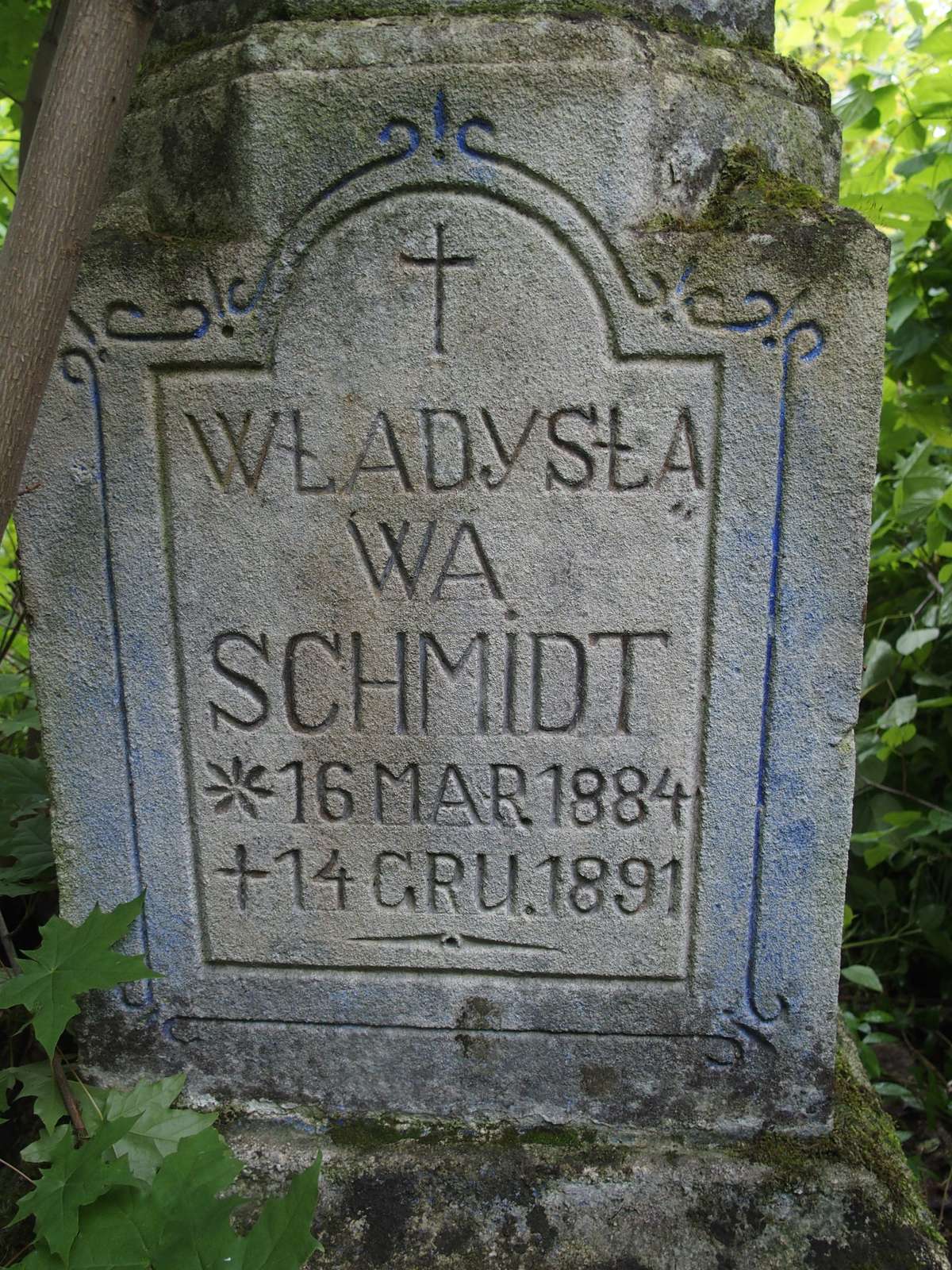 Inskrypcja z nagrobka Władysławy Schmidt, cmentarz w Dobrowodach, 2019