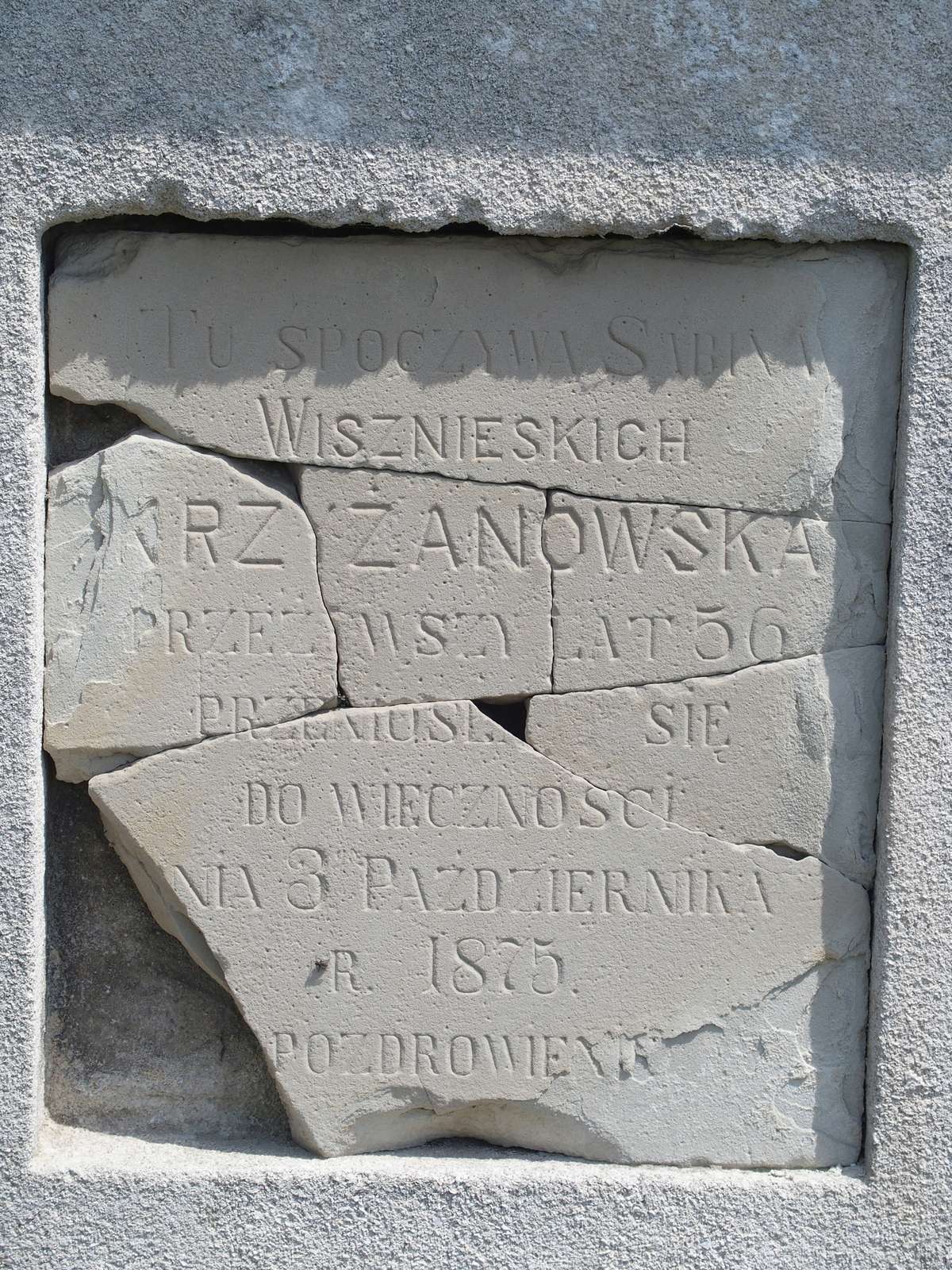 Inscription from the gravestone of Sabina Krzyżanowska, Czernielow Mazowiecki cemetery, cemetery 1