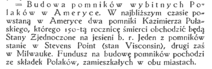Budowa dwóch pomników Kazimierza Pułaskiego w USA - w Stevens Point oraz w Milwaukee w stanie Wisconsin