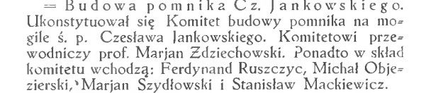 Committee for the Construction of the Tombstone Monument to Czeslaw Jankowski in Vilnius