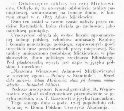 Odsłonięcie tablicy upamiętniającej Adama Mickiewicza w Stambule