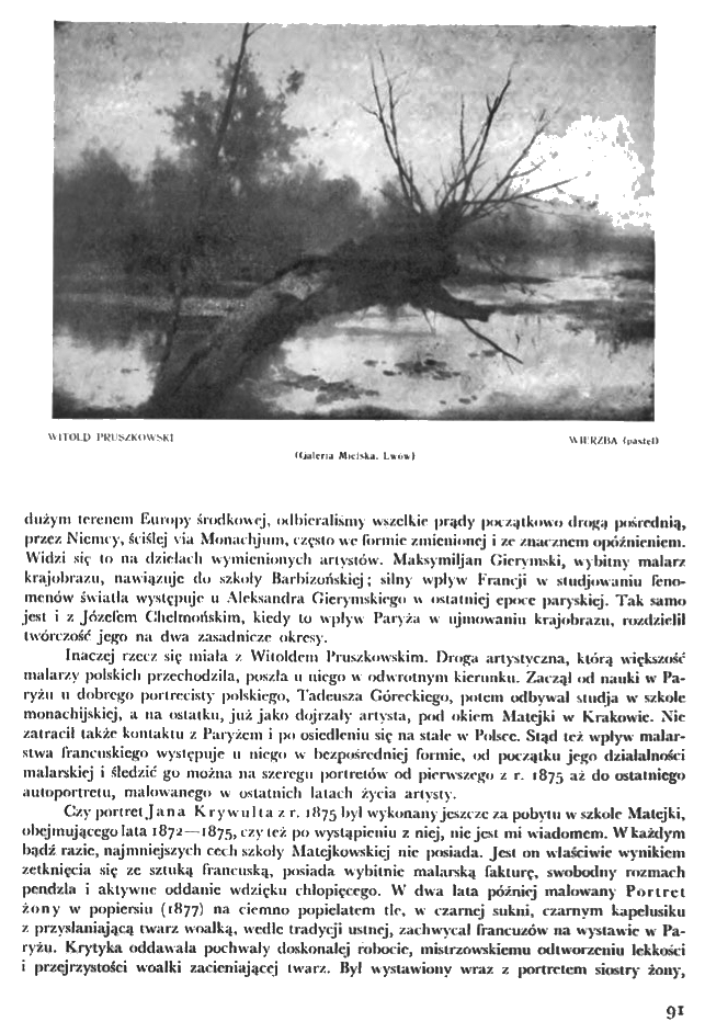 Reproduction of Witold Pruszkowski's painting 'Willow' from the Lviv City Gallery, depicting a bent tree by a river with a blurred background.