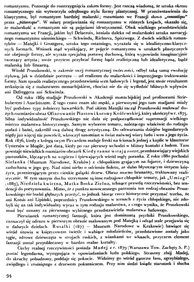 Page from the article 'Witold Pruszkowski 1846-1896' by Aleksandra Majerska in 'Sztuki Piękne', 1934, featuring text about Pruszkowski's romantic style and works, published by the University of Silesia Library.