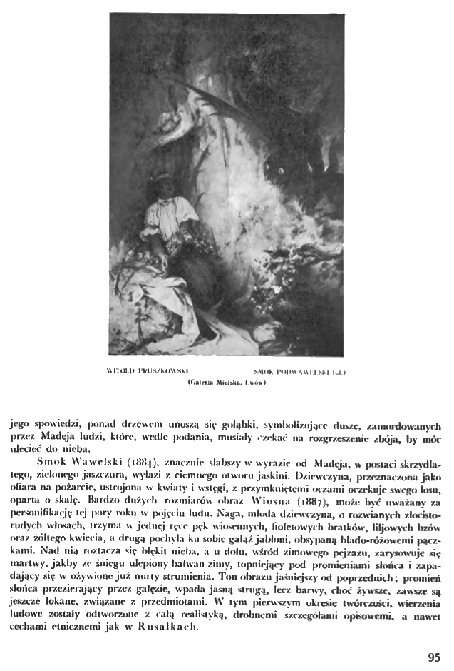 Reproduction of Witold Pruszkowski's painting 'Smok Podwawelski' from the Lviv Art Gallery. The image shows a girl in a white dress surrounded by flowers, with a dark, mythical creature in the background.