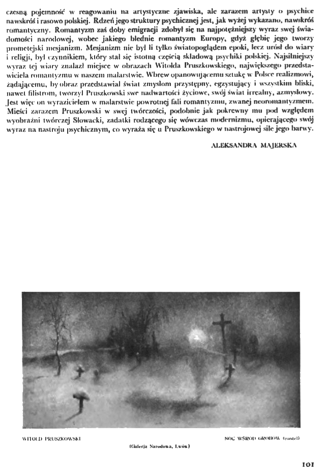 Reproduction of Witold Pruszkowski's painting 'Night Among Graves' from the Lviv National Gallery, showing a misty cemetery with crosses and trees.