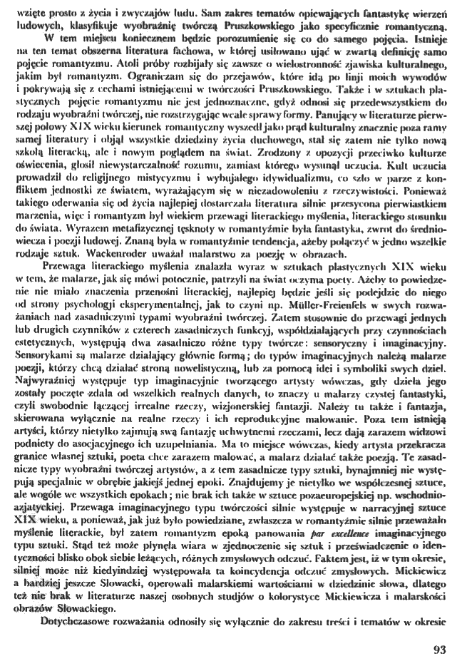 Page from the magazine 'Sztuki Piękne', 1934, featuring text discussing Witold Pruszkowski's artistic style and romanticism. The page is numbered 93 and contains dense text in Polish.
