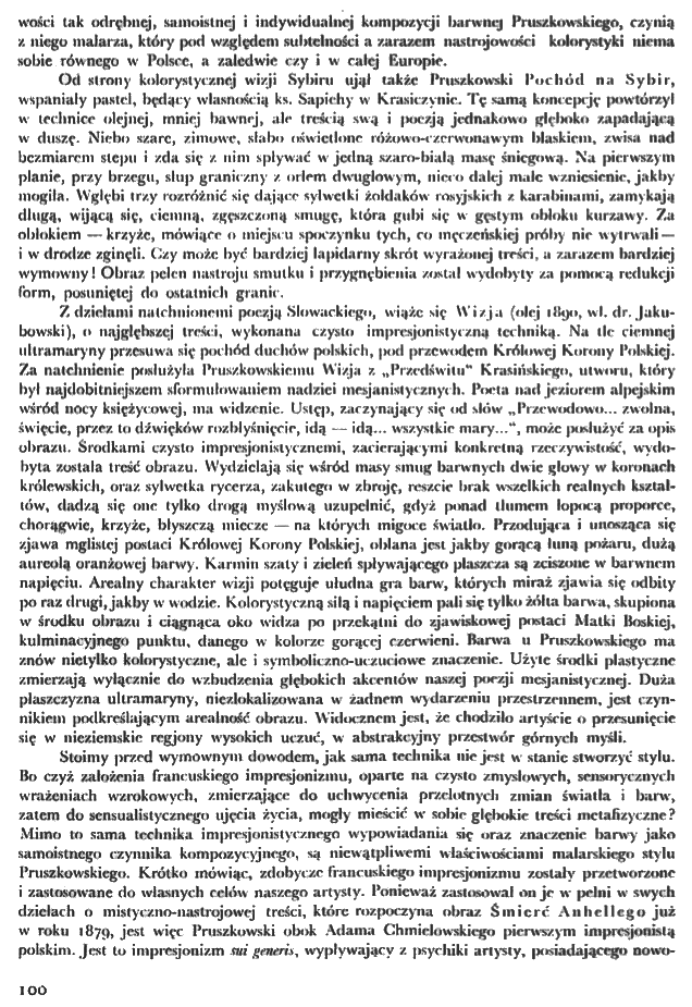 Page from the magazine 'Sztuki Piękne', 1934, featuring text about Witold Pruszkowski's paintings in the Lviv Art Gallery. The page includes detailed descriptions of his works and artistic style.