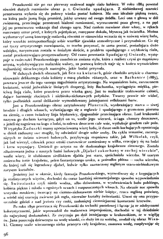 Page from the journal 'Sztuki Piękne' featuring text about Witold Pruszkowski's paintings, including 'Falling Star' and 'The Enchanted Forest'.