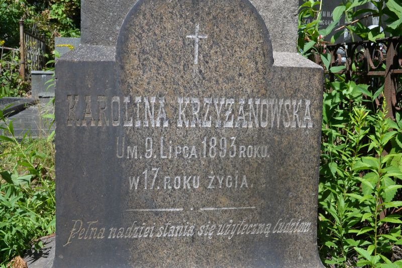Fragment nagrobka Karoliny Krzyżanowskiej, cmentarz Bajkowa w Kijowie, stan z 2021.