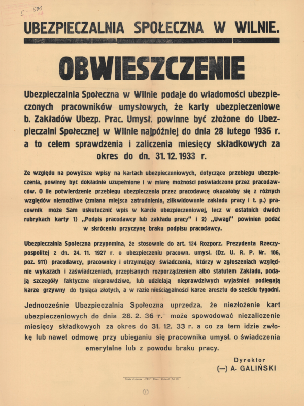 Прокламація Вільнюського інституту соціального страхування, 1936 рік, фото: Національна бібліотека у Варшаві, polona.pl
