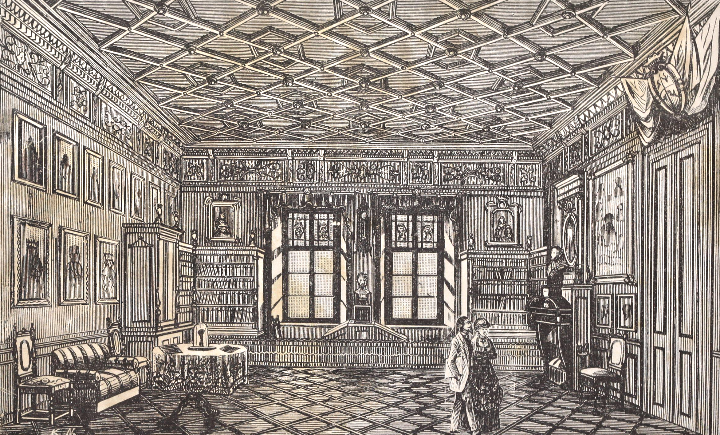 Drawing depicting the interior of the Portrait Room of the Polish National Museum in Rapperswil