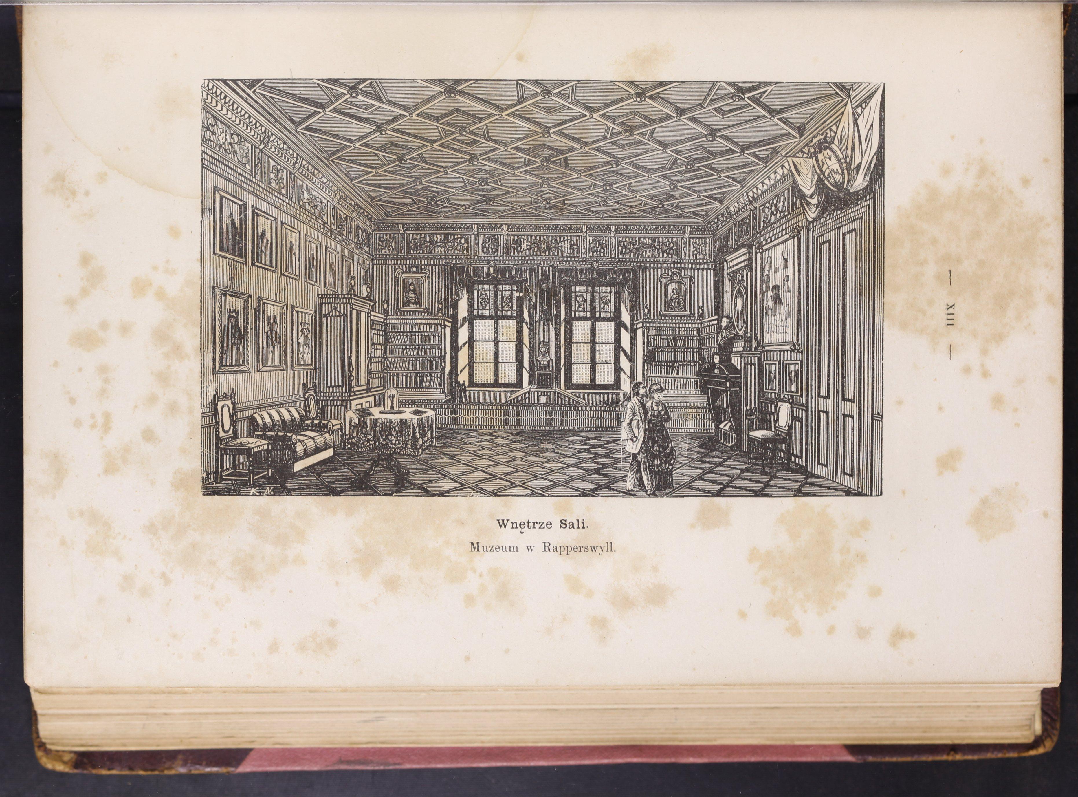 Drawing depicting the interior of the Portrait Room of the Polish National Museum in Rapperswil