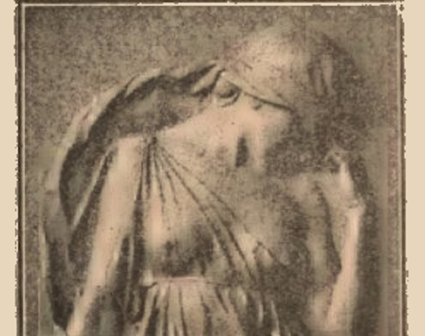 Reproduction d'un bas-relief du tombeau de Józef Wieniawski à Ixelles, Belgique, représentant une figure drapée avec la tête inclinée.