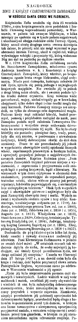 Gravure sur bois représentant la pierre tombale de Zofia Czartoryska Zamojska dans l'église Santa Croce, à Florence. Le texte décrit sa vie, ses activités caritatives et sa famille, et souligne son souhait d'être enterrée à Florence.