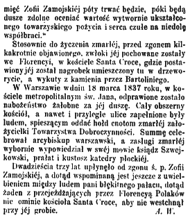 Gravure sur bois représentant la tombe de Zofia Zamoyska dans l'église Santa Croce à Florence, créée par Bartolini. Le texte décrit ses souhaits d'enterrement et les funérailles à Varsovie.