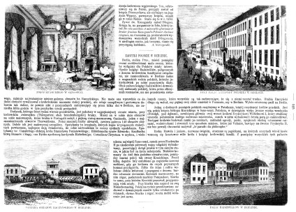 Rycina z 1860 roku przedstawiająca polskie zabytki w Berlinie, w tym Pokój Krasickiego w Sans-Souci, Galerię Raczyńskiego i Pałac Radziwiłłów. Ukazane są szczegółowe wnętrza i widoki architektoniczne.