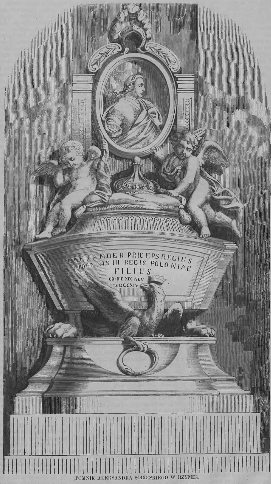 Fotografia przedstawiająca Opis pomnika nagrobnego Aleksandra Sobieskiego w kościele ks. kapucynów w Rzymie