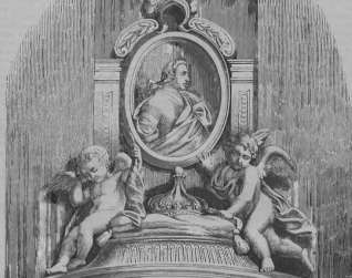 Rycina nagrobka Aleksandra Sobieskiego w kościele kapucynów w Rzymie. Dwa cherubiny trzymają portret Sobieskiego; jeden gasi pochodnię, drugi kładzie berło na poduszce z koroną.