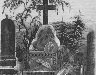 Rycina nagrobka Juliusza Słowackiego na cmentarzu Montmartre. Nagrobek z dużym krzyżem, kamieniem z reliefem liry i medalionem, otoczony metalowym ogrodzeniem i drzewami.