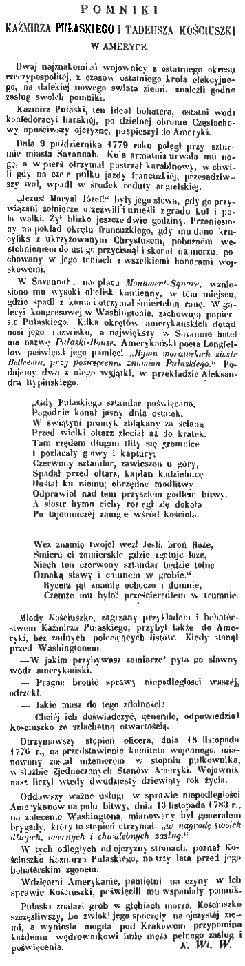 Page de 'Tygodnik Illustrowany' 1861, avec un texte sur les monuments de Kazimierz Pułaski et Tadeusz Kościuszko en Amérique. L'article traite du monument de Pułaski à Savannah et des contributions de Kościuszko.