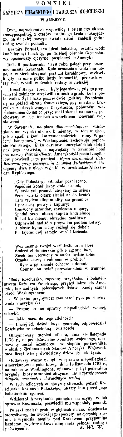 Fotografia przedstawiająca Opis pomników Kazimierza Pułaskiego i Tadeusza Kościuszki w Ameryce