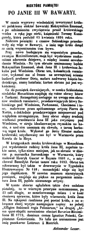 Strona z magazynu 'Tygodnik Illustrowany' z 1863 roku, zawierająca artykuł o pamiątkach po królu Janie III Sobieskim w Bawarii. Tekst omawia obrazy i ozdobne pistolety związane z królem.