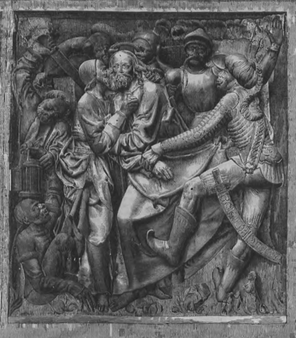 Płaskorzeźba Wita Stwosza w kościele św. Sebalda w Norymberdze, przedstawiająca scenę biblijną z wieloma postaciami, w tym żołnierzem w stroju wschodnim i centralną postacią brodatego mężczyzny.