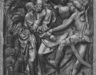 Płaskorzeźba Wita Stwosza w kościele św. Sebalda w Norymberdze, przedstawiająca scenę biblijną z wieloma postaciami, w tym żołnierzem w stroju wschodnim i centralną postacią brodatego mężczyzny.