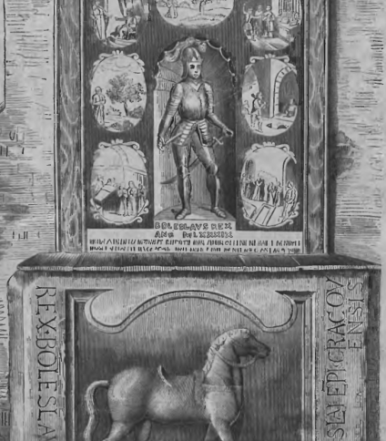 Grobowiec Bolesława Śmiałego w Ossiach, Austria. Kamień z wyrzeźbionym koniem i łacińskim napisem. Powyżej, obraz w ramie przedstawia rycerza otoczonego scenami z życia Bolesława.