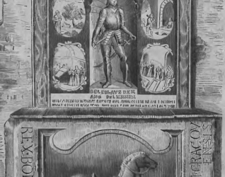 Grobowiec Bolesława Śmiałego w Ossiach, Austria. Kamień z wyrzeźbionym koniem i łacińskim napisem. Powyżej, obraz w ramie przedstawia rycerza otoczonego scenami z życia Bolesława.