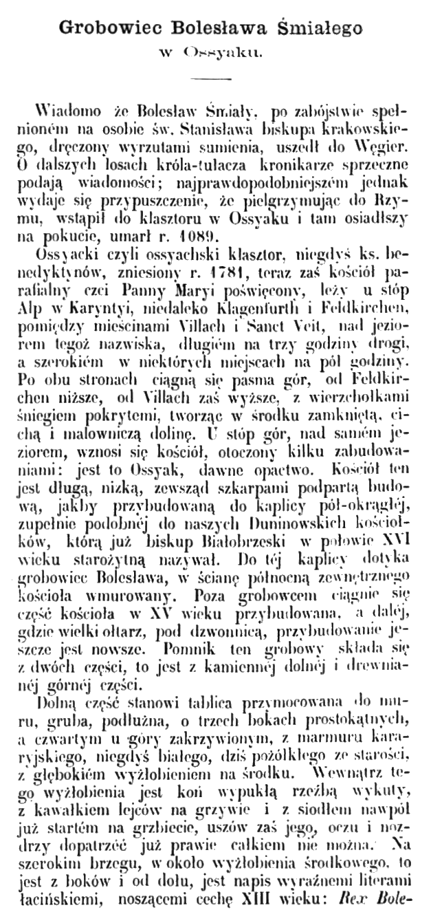 Strona z 'Tygodnika Illustrowanego' (1864) opisująca grób Bolesława Śmiałego w Ossiach, Austria. Tekst szczegółowo opisuje jego ostatnie dni, lokalizację klasztoru i cechy kamienia nagrobnego.