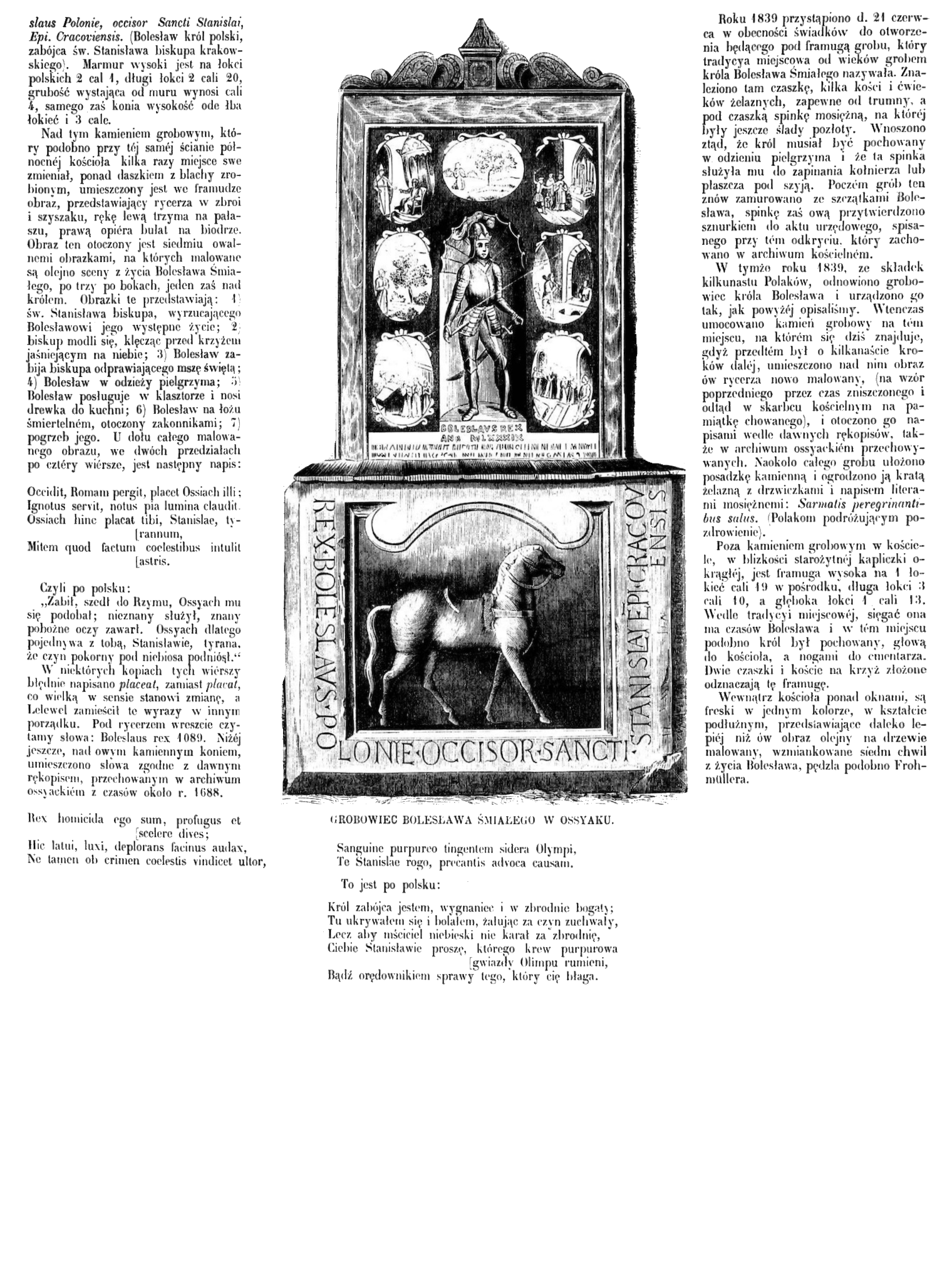 Ilustracja grobowca Bolesława Śmiałego w Ossyaku. Obraz przedstawia kamienną płytę z wyrzeźbionym koniem i łacińskim napisem, nad którą znajduje się obraz rycerza otoczonego scenami z życia Bolesława.