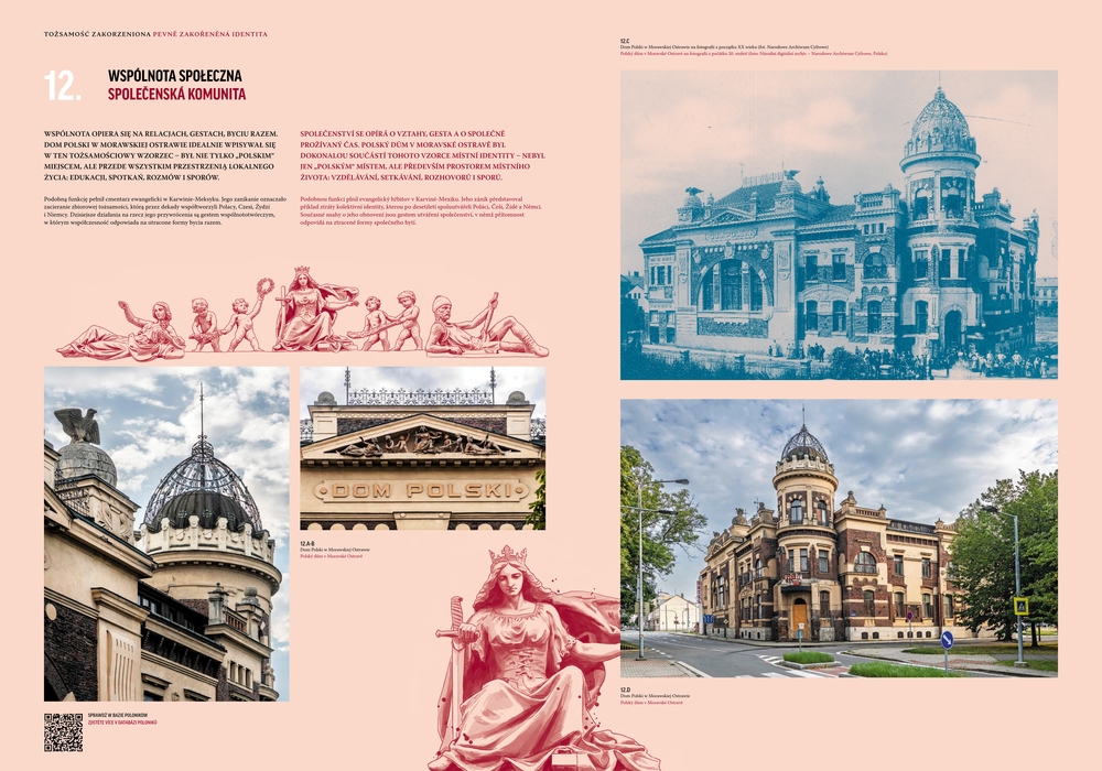 Collage de la Maison Polonaise à Ostrava, avec des photographies historiques et modernes. Le bâtiment présente une architecture éclectique avec des éléments Art Nouveau, dont un dôme et des détails décoratifs de façade.