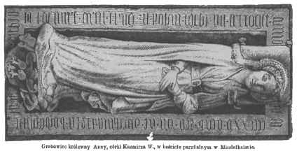Grobowiec królewny Anny, córki Kazimierza Wielkiego, w kościele w Mindelheim. Relief przedstawia Annę leżącą z rękami na krzyż, głową na poduszce, a pod stopami orzeł. Wokół nagrobka niemiecki napis.