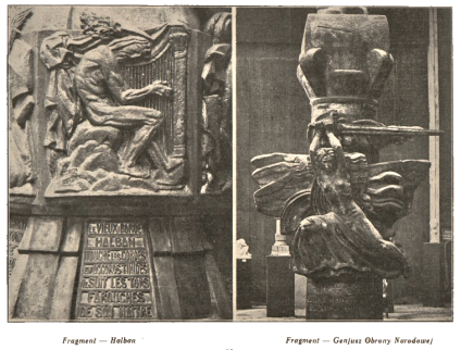 Dwa szczegółowe zdjęcia pomnika Adama Mickiewicza autorstwa Antoine'a Bourdelle'a. Lewo: relief Halbana grającego na harfie z inskrypcją. Prawo: rzeźba Geniusza Obrony Narodowej ze skrzydłami i mieczem.