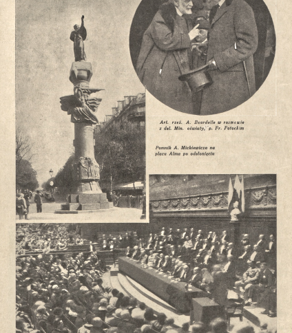 Fotograficzny kolaż z uroczystości odsłonięcia pomnika Adama Mickiewicza w Paryżu, 1929. Zawiera zdjęcia pomnika, rozmowę A. Bourdelle'a z Fr. Potockim oraz zgromadzenie uroczyste na Sorbonie.