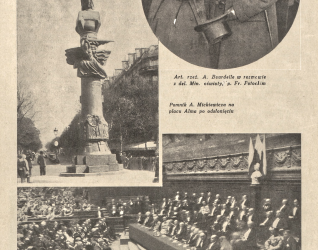 Fotograficzny kolaż z uroczystości odsłonięcia pomnika Adama Mickiewicza w Paryżu, 1929. Zawiera zdjęcia pomnika, rozmowę A. Bourdelle'a z Fr. Potockim oraz zgromadzenie uroczyste na Sorbonie.