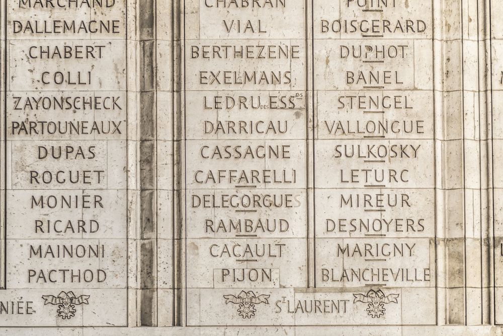 Fotografia przedstawiająca Commemoration of Polish cities and commanders on the Arc de Triomphe in Paris