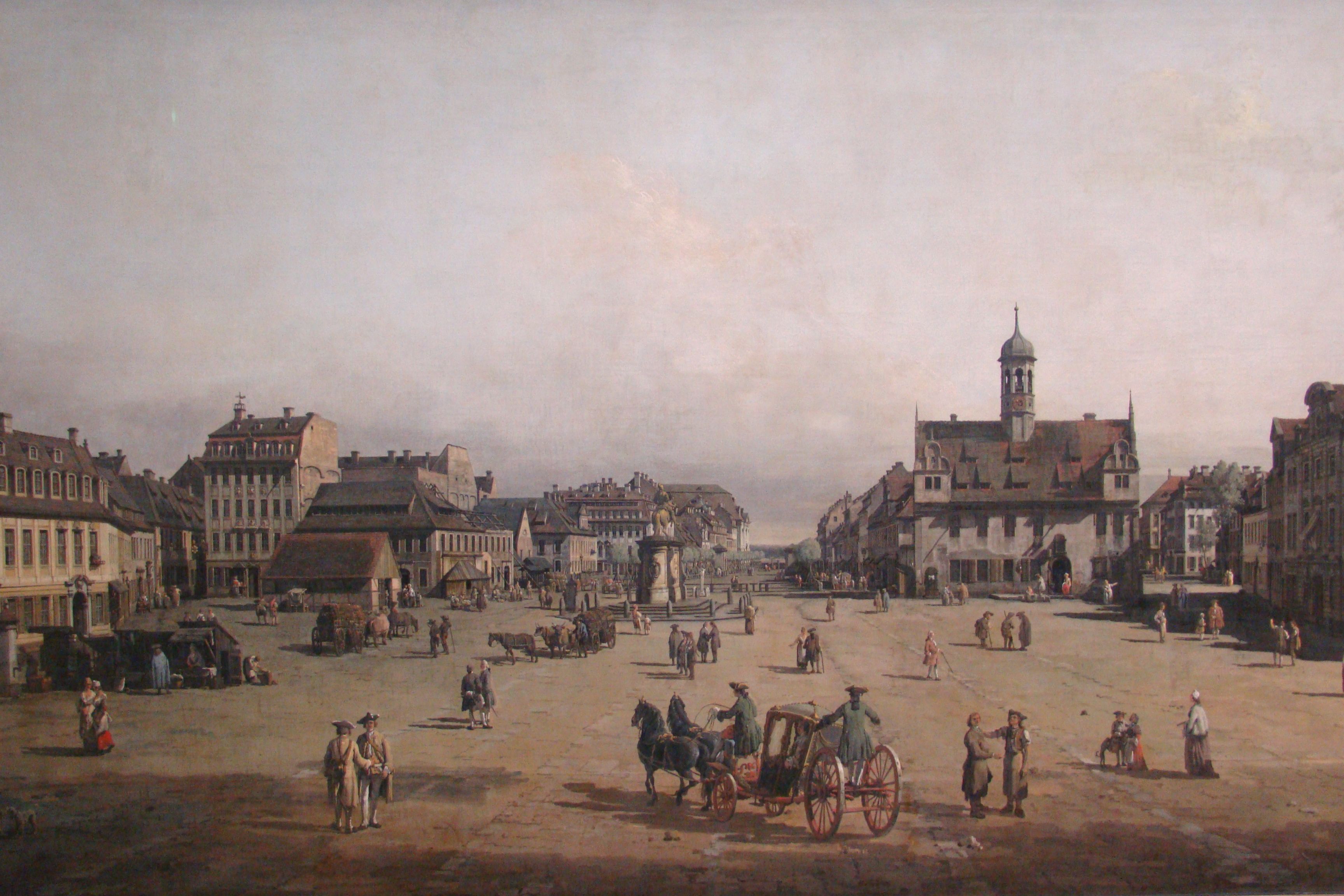 Fotografia przedstawiająca Canaletto\'s painting \"Market Square in the Neustadt\" in Dresden
