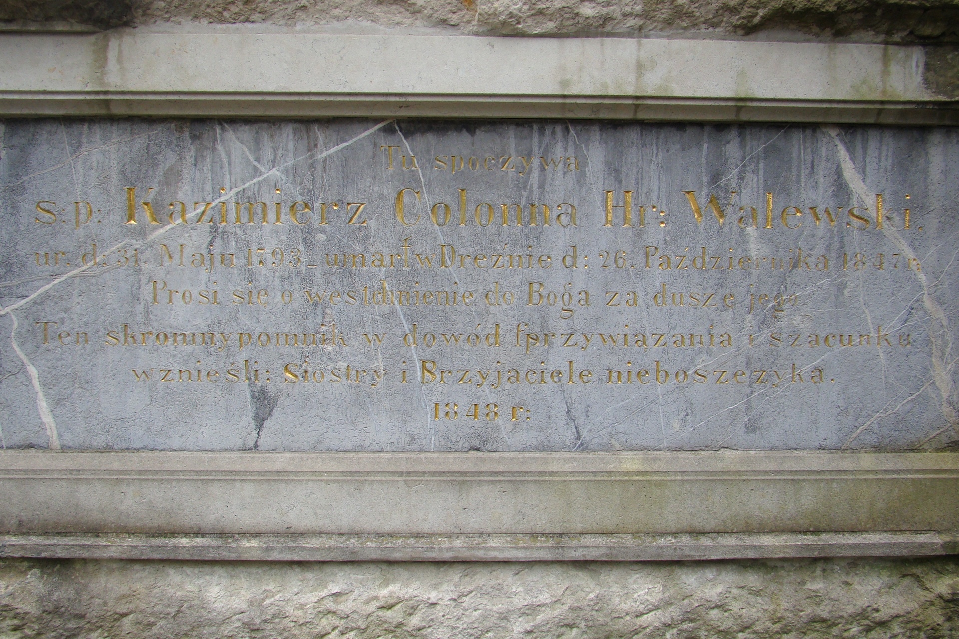 Inscription on the tombstone of Casimir Colonna-Walewski in the old Catholic cemetery in Dresden