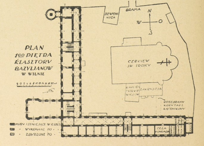 Plan pierwszego piętra klasztoru bazylianów w Wilnie z zaznaczną Celą Konrada